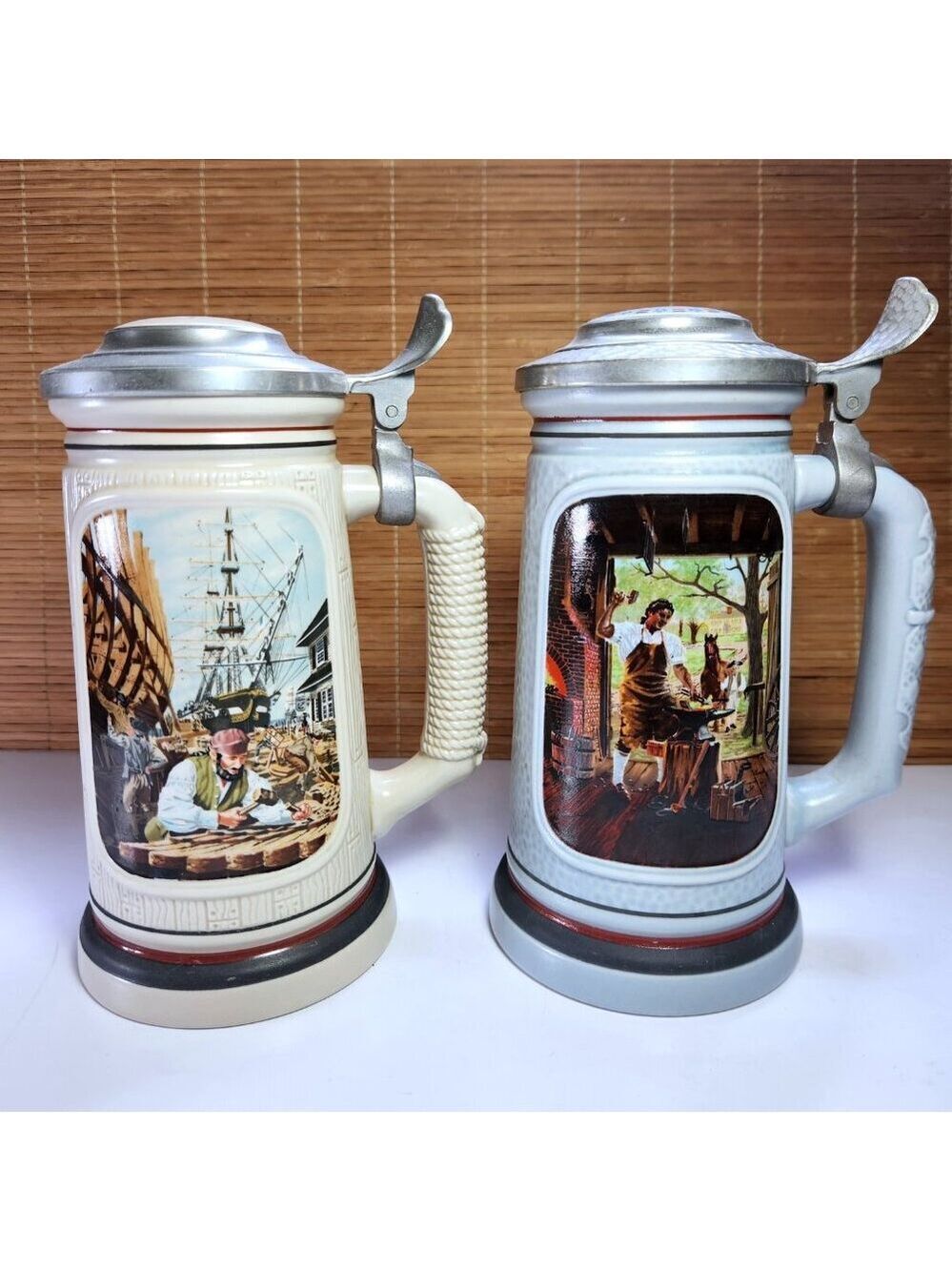 Avon Heritage Stein Pair – Blacksmith + Shipbuilder – Vintage Lidded Steins